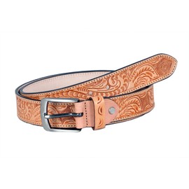 Hamfei Design EMBOSSED COW BOY COW GIRL FLORAL HAND TOOLED TOP GRAIN LEATHER BELT (TAN, 26)