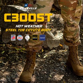 B Belleville Arm Your Feet C300 ST 8 Inch Army OCP ACU Hot Weather Steel Toe Combat Boots For Men - Cattlehide Leather Boots Safety Rated For Electrical Hazards (9.5 R, Coyote Brown)