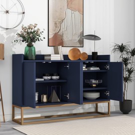Brisca Sideboard Buffet Cabinet with Large Storage Space,Modern Particle Board Kitchen Console Table,W/ 4 Doors and Gold Metal Legs,Dining Room,Entryway,Navy