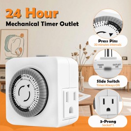 Timers for Electrical Outlets Indoor, 24-Hour Plug-in Mechanical Outlet Timer, 30 Minute Intervals, 3 Prong Light Timers, Daily On/Off Cycle for Christmas Tree, ETL Listed, 2Pack