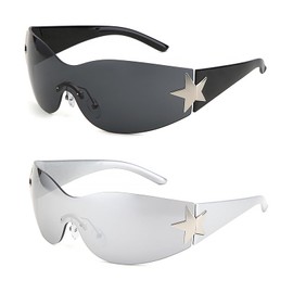 Ahaimy Pack of 2 Y2k Wraparound Sunglasses, Rimless Y2k Sunglasses, Sunglasses, Teenager Girls, Rectangular Sunglasses, for Outdoor Use, Sun Protection in Summer, Everyday Wear, black silver