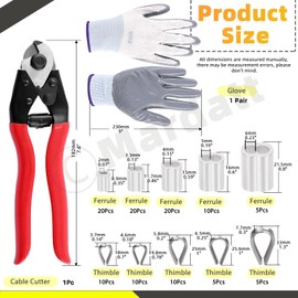 Mardatt 117Pcs Cable Wire Cutter Set Includes 8" Cable Cutter, 5 Sizes Aluminum Crimping Loop Sleeve & Wire Cable Thimbles and Anti-Cutting Gloves