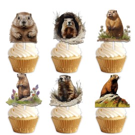 18pcs Brown Glitter Cute Animal Groundhog Dessert Cupcake Topper Pink for Happy Groundhog Day Theme Decorations Baby Shower Boy Girl Birthday Party Decor Supplies