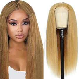 Hxxcoup Women's Real Hair Wig, 13 x 4 Lace Human Hair Wig, #27 Blonde Yaki Wave, Pre-Plucked Hairline with Baby Hair, Unprocessed Hair, Transparent Lace for Women, Minimal Smell, 16 Inches (40.6 cm)