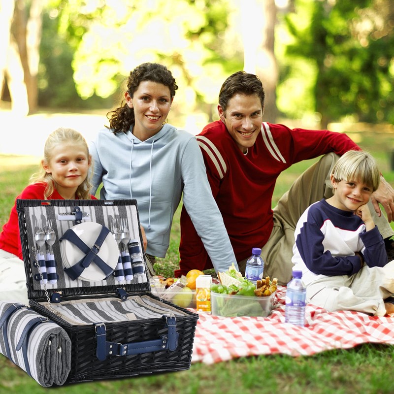 HYBDAMAI Wicker Picnic Basket for 4 with Waterproof Picnic Blanket