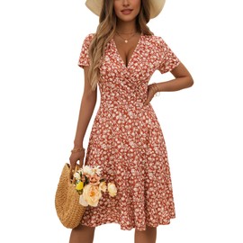 MSBASIC Spring Dresses for Women 2025 Wrap V Neck Short Sleeve Casual Womens Summer Dress(Floral-106,Medium)