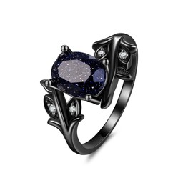 HUKKUN Blue Sandstone Ring Sterling Silver Black Galaxy Engagement Ring Blue Sandstone Jewelry Gift for Women, Metal, Created Zircon
