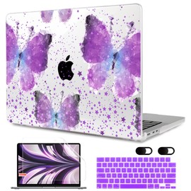 MEEgoodo Case M3 for MacBook Air 13.6 inch Case 2024 2022, Fit Model A3113 A2681 with M3 M2, Clear Laptop Hard Shell Cases with Keyboard Cover & Screen Protector for MacBook Air M2, Purple Butterfly