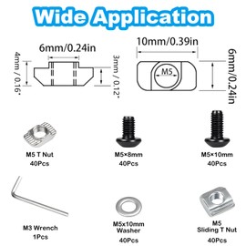 Yinpecly 200Pcs M5 T-Nuts Screws Kit, Hammer Head T Slot Nut for 2020 Series Aluminum Extrusion, M5 Hexagon Socket Screws, T Sliding Nut, Washers, Black