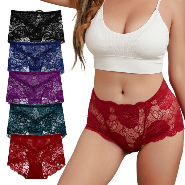 PHOLEEY Womens Sexy Underwear Lace Panties High Waisted Plus Size Ladies Brief for Women 5-Pack