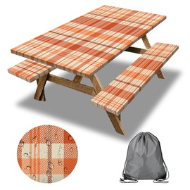 SAOLUIS Orange Picnic Table Cover with Bench Covers, 3 Pcs Waterproof Elastic Picnic Table Cover Fall Outdoor Camping Essentials, Windproof Fitted Tablecloth for Indoor Outdoor (Plaid, 72X30 Inch)