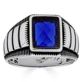 HarlemBling Solid 925 Sterling Silver - Men's Blue Sapphire Gemstone Ring - Great As Pinky Ring Or Signet Ring Sizes 6-13 (13)