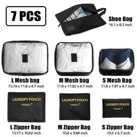 7 Set Packing Cubes for Travel Luggage Packing Bags Reusable Waterproof Suitcase Organizer Bags Set with Shoe Bag and Toiletry Bag (Black)