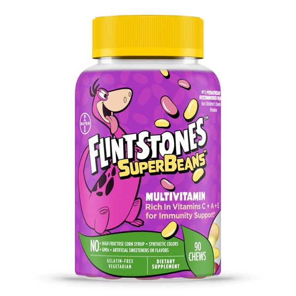 Flintstones Vitamins SuperBeans,Kids Multivitamin with Immunity Support with Vitamins A,D,Iodine&Zinc to Support Healthy Growth,Fruit Flavored,Vegetarian,Jelly Bean Chews,90 Count(Packaging may vary)