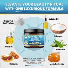 Okaga Beef Tallow for Skin, Organic Grass-Fed Beef Tallow Balm with Manuka Honey, Aloe Vera, Jojoba Oil, Collagen & Beeswax, Olive Oil, Moisturizer for Dry Skin, Nourishes Face, Body & Lips (2 Pack)