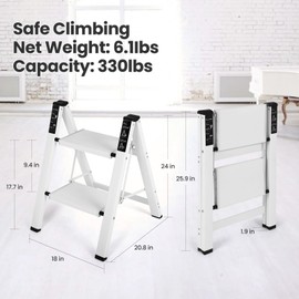 Dollate Aluminum 2 Step Ladder, Folding Step Stool with Non-Slip and Sturdy Wide Tread, Portable for Household and Kitchen, Foldable Step Stool, White, 330Lbs Ladders for Home