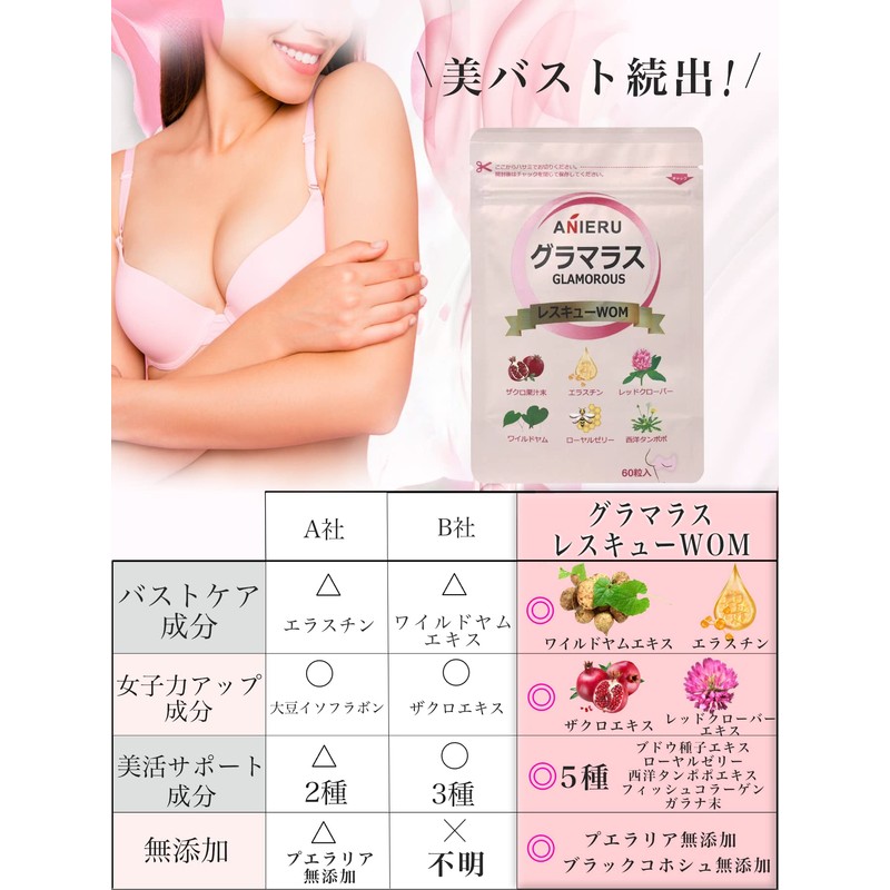 【訳あり】アニエル/ANIERU グラマラスレスキューWOM 60粒 GLAMOROUS エラスチン ワイルドヤム ザクロ果汁 フィッシュコラーゲン