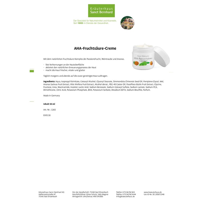 Sanct Bernhard AHA Fruit Acid Cream – 50 ml Cream 50 g