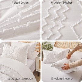 FLYMME White Tufted Bed in A Bag Full Size Comforter Set with Sheets, Soft Lightweight Geometric Embroidery Bedding Set 7 Piece, Boho Shabby Chic Farmhouse Collection All Season (White, 80''x90'')