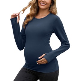 GINKANA Maternity Workout Tops Long Sleeve Scoop Neck Pregnancy Yoga Shirts Thumb Holes Mama Clothes,Dark Blue,M
