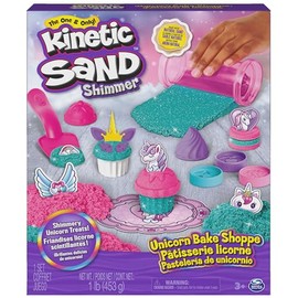 Kinetic Sand, set de juego Tienda de pasteles de unicornio, 453 g de Kinetic Sand (turquesa y rosa), 8 herramientas de unicornio, juguetes sensoriales para niños y niñas a partir de 3 años