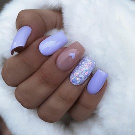 Valentines Day Fake Nails Medium Square Press on Nails Purple Glitter Full Cover Heart False Nails with Bling Designs Glossy Stick on Nails Acrylic Manicure Artificial Nails for Women Girls 24Pcs