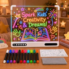 Rechargeable LED Drawing Board for Kids, 16 Inch Light Up Dry Erase Board with 12 Markers, 7 Colors & 10 Modes, Glow Doodle Board with Tracing Book & Stand, Gifts for Girls Boys Ages 4-8
