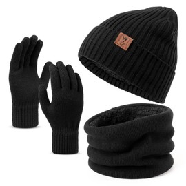 OZERO Hat Scarf Glove Set for Women: Winter Thermal Hats Beanie Touch Screen Gloves Neck Warmer Set with Warm Polar Fleece Lined Black