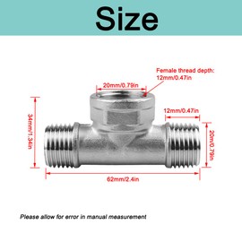 2 Pieces 1/2 Inch Stainless Steel T Pipe Fittings, BSP Pipe Fittings Male Female for Water, Air, Gas, Fuel