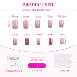 Zernblend 24 Stücke rosa Glitzer-Nagelkunst, Nägel zum Aufkleben, Press on Nails, Kunstnägel