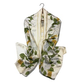 Shanlin Silk Feel Long Satin Floral Scarves for Women (Gardenia White)