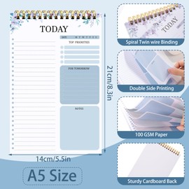 2 Pack To Do List Notepad, Undated Daily Planner Notebook A5 Spiral 104 Sheets Task Planner Double Sided Spiral Notebook for Work Office Home, 22 X 14 cm