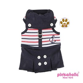 Navy Blue Middy Flirt Harness Dog Dress with Paw Button Pin-Sizes S THU L (Small- Chest 12.4”, Neck 8-10”, Navy Blue Nautical Stripe)