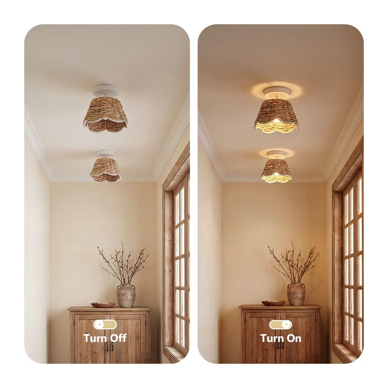 CKENSU Handwoven Rattan Semi Flush Mount, Farmhouse Ceiling Light with