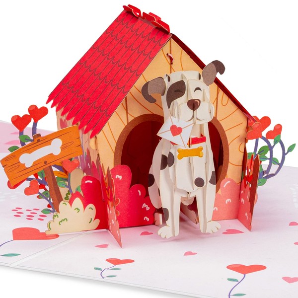 Paper Love 3D Dog House Pop Up Card, For Valentines Day, Birthday, Mothers Day, Adults or Kids, All Occasions - 5" x 7" Cover - Includes Envelope and Note Tag