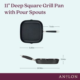 Anolon Advanced Home Hard Anodized Nonstick Deep Square Grill/Griddle Pan with Pour Spouts, 11 Inch, Onyx