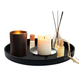 FramePro Large Round Wooden Coffee Table Trays 20" - Multi-Functional Home Decor Ottoman Serving Platter Black