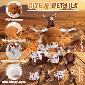 Jenaai 5 Pcs Longhorn Cow Stuffed Animal Set, 14 Inch Texas Longhorn Mommy Plush with 4 Baby in Zipper Belly, Farm Animal Plush Toys for Kids Birthday Gifts Western Nursery Decor (Standing Style)