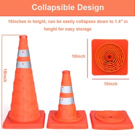 5PCS 18" Collapsible Traffic Cones with Nighttime LED Lights Pop up Safety Road Parking Cones Weighted Hazard Cones Construction Cones Fluorescent Orange w/2 Reflective Silver Strips Collar