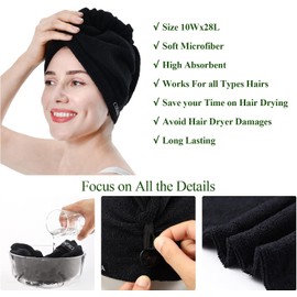 Paquete de 3 toallas de pelo de microfibra, envoltura para mujer (toalla de secado, turbante), pelo rizado, 10 x 28 L, negro