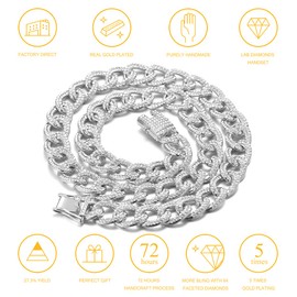 Halukakah Cuban Chain for Men Iced Out, 14 mm Oval 18 Carat Real Gold Plated/Platinum White Gold Necklace, Laboratory Diamonds Hand Inlaid, Gift for Him, Brass, No Gemstone