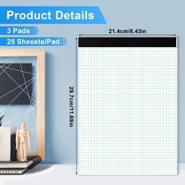 AZUREAL Grid Paper Notebook 8.5 x 11 Inches, 3 Pack graph paper pad, 70 Gsm 4×4 Quad Grid Paper, Graph Papers for School, Office, Home, 25 Sheets/Pad, 25 Sheets/Pad