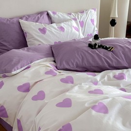 Michorinee Heart Bed Linen 135 x 200 cm 2-Piece White with Purple Hearts Pattern Duvet Cover Set 2-Piece Purple Hearts Romantic Microfibre Soft Bedding Sets with Zip and Pillowcases 80 x 80 cm