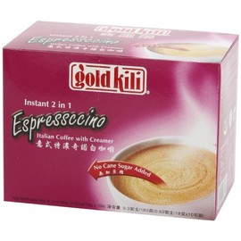 Gold Kili Instant 2 in 1 Espressccino Italian Coffee with Creamer (No Cane Sugar Added), 6.3 oz. (180g), 10 Sachets, 1 Box