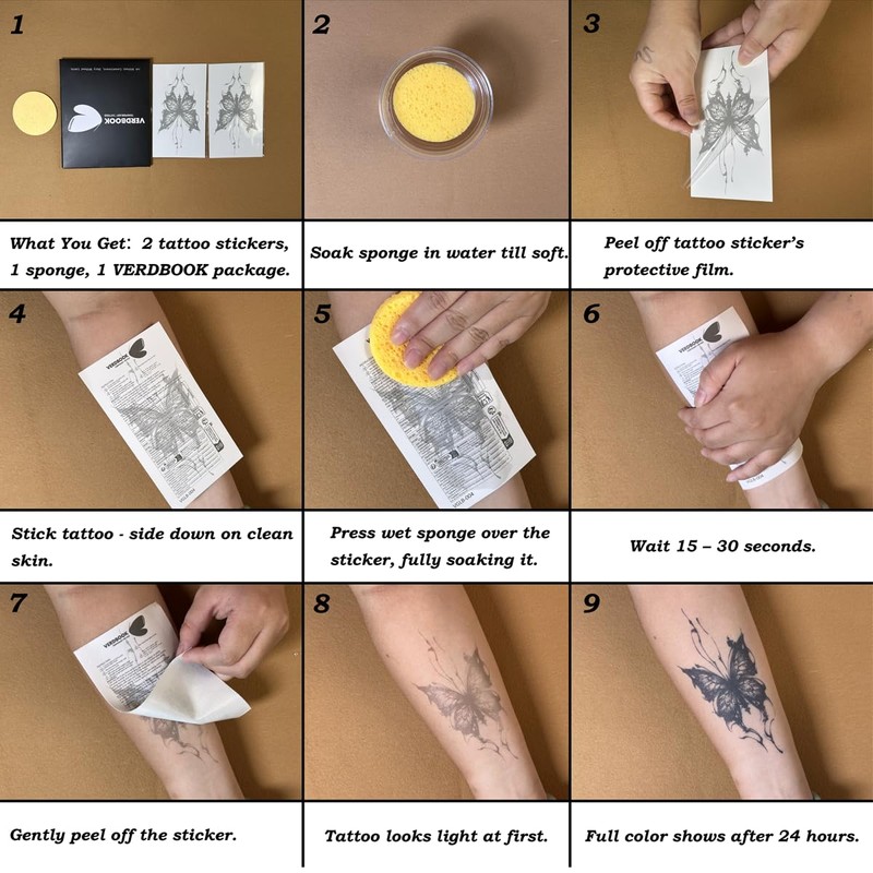 VERDBOOK Waterproof Temporary Tattoos: 2-Sheet Tattoo Kit with Realistic Body
