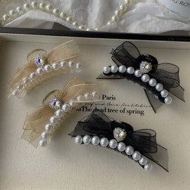 Double-Sided Mesh Ribbon Heart Cubic Pearl Hair Claw Clip for Bangs, 7cm Heart Champagne (Single) 10ea