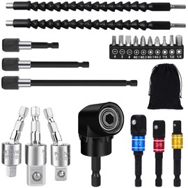 Flexible Drill Bit Extension Set, 105° Right Angle Drill Attachment, 1/4 3/8 1/2" Hex Shank Impact Driver Socket Adapter Rotatable Socket, Bendable Drill Bit Extension and Screwdriver Bit Kit
