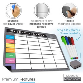 TMS A4 Magnetic Weekly Planner and Organiser | Customisable Whiteboard for Family, Business Tasks, Meal Planning | With 4 Premium Magnetic Dry Wipe Pen (Grey / Multi-Coloured Style 2 A4)