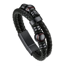 Bandmax Men Black Leather Bracelet Bangle Wirstband Trendy Cool Stainless Steel Baseball Beads Leather Bracelet for Biker Sportsman Athlete Gift Packed -7.5"