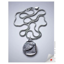 onesilversmith art studio / OAS Sterling Silver Athena Wise Owl Coin Pendant Talisman Necklace W.or W/O Chain - 18", no box